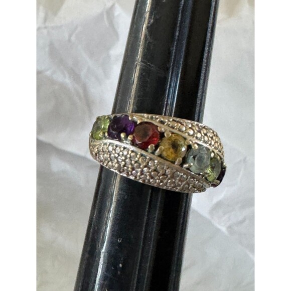 Vintage Sterling Green Red Purple Amethyst Gemstone Dome Band Ring Size 5 - Picture 1 of 8